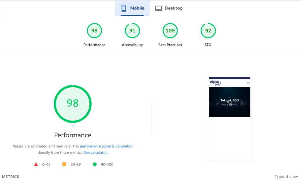 Skjermbilde av mobilresponsivitet fra Google Speed ​​Insight